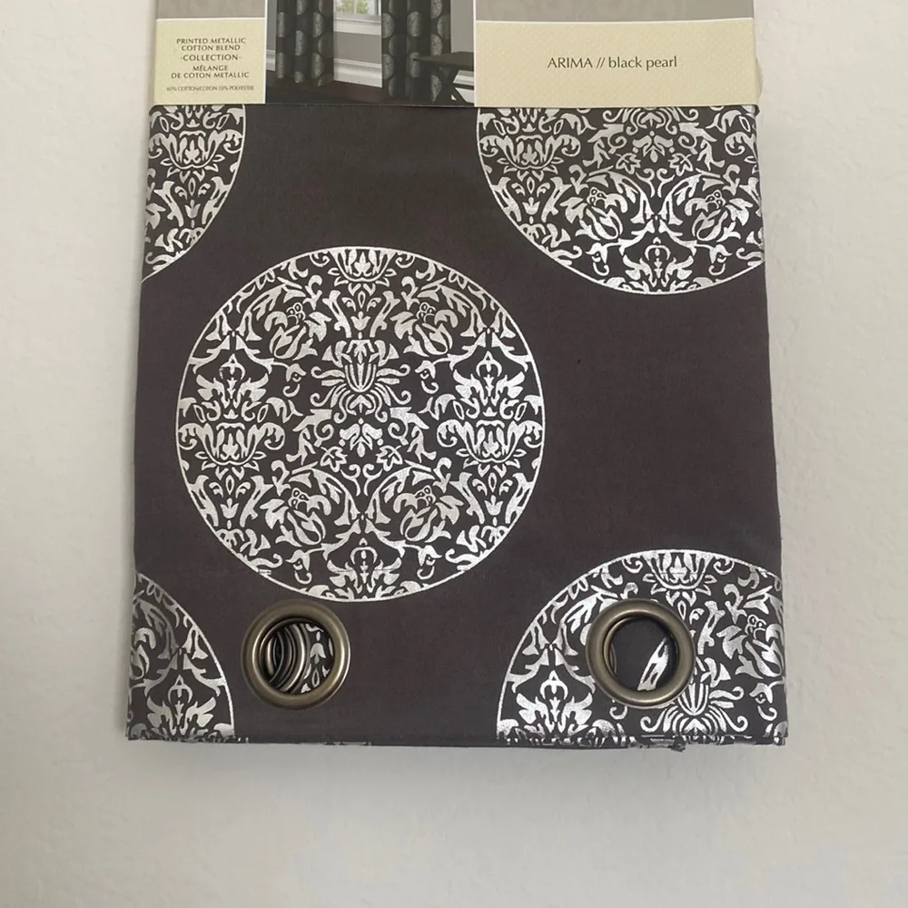 Residence - Printed Metallic Charcoal Gray Cotton Grommet Panel Curtains